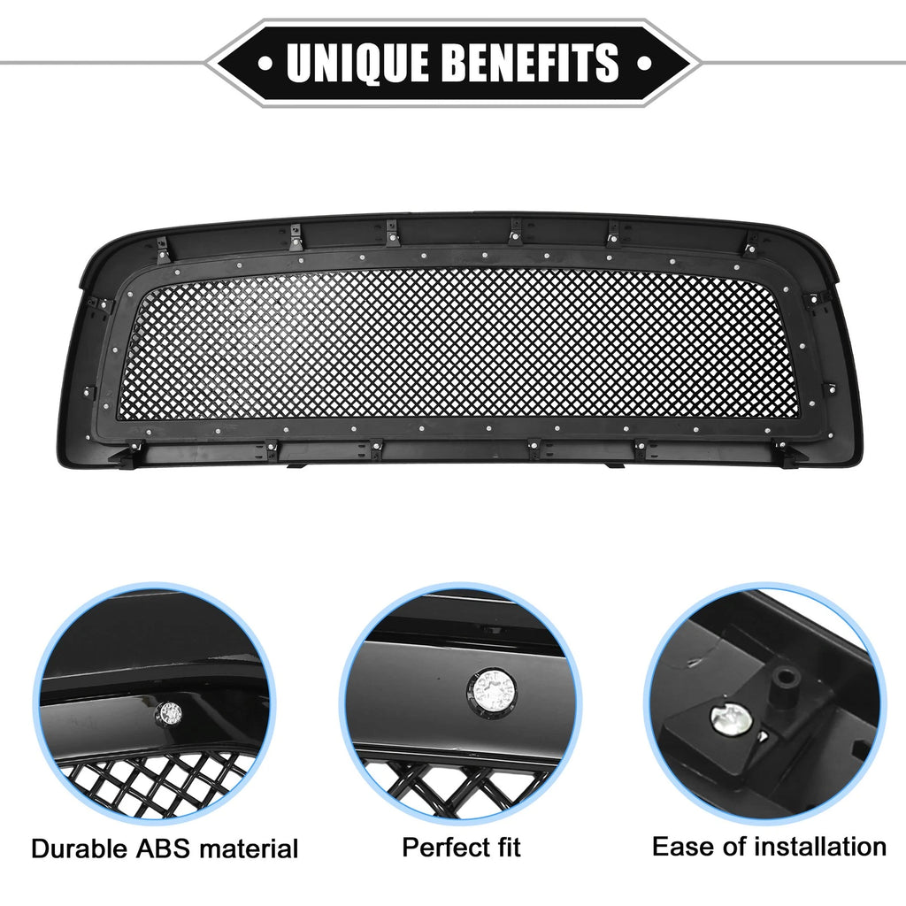 Front Grille Assembly with Rivet for Dodge Ram 1500 (2011–2012) Gloss Black