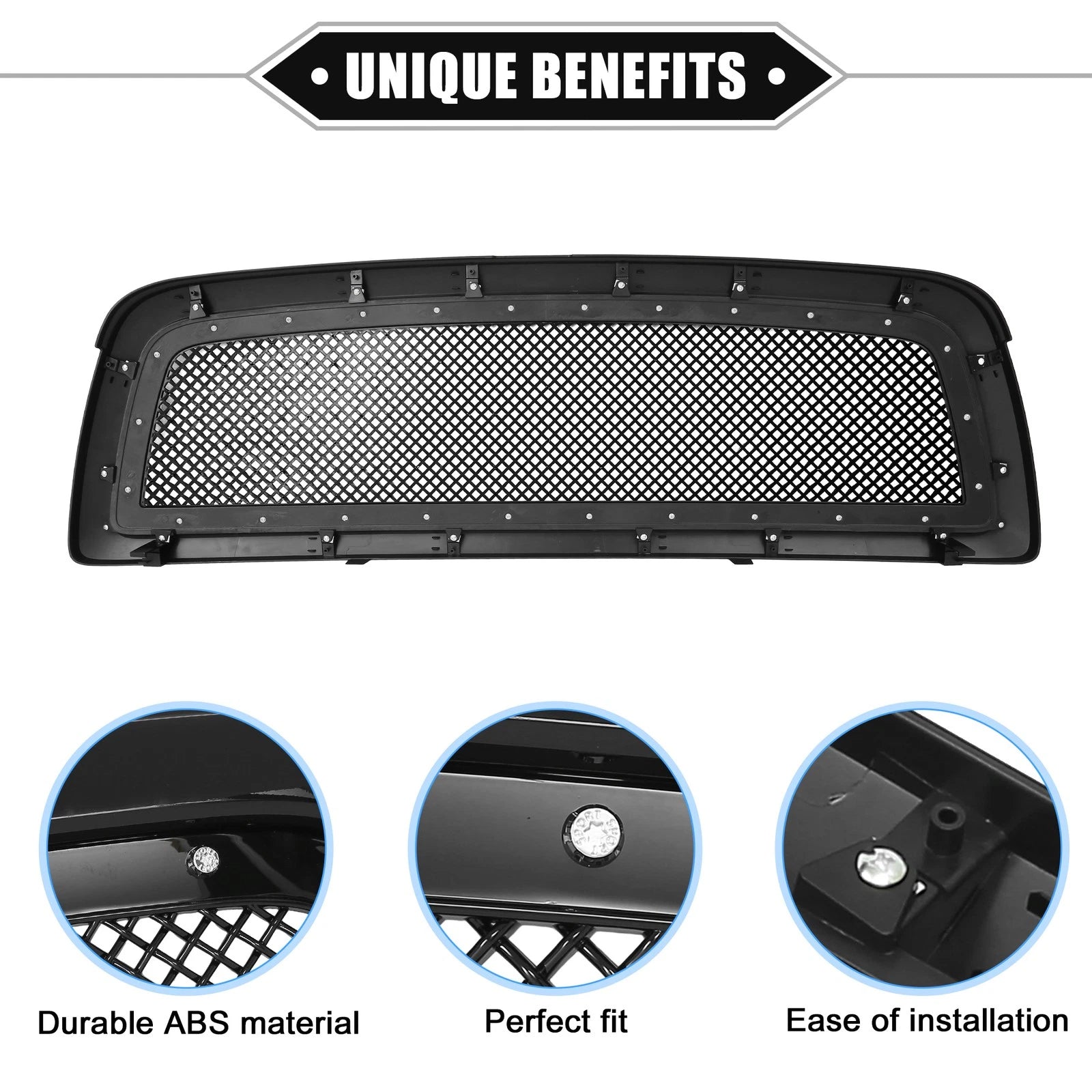 Front Grille Assembly with Rivet for Dodge Ram 1500 (2011–2012) Gloss Black