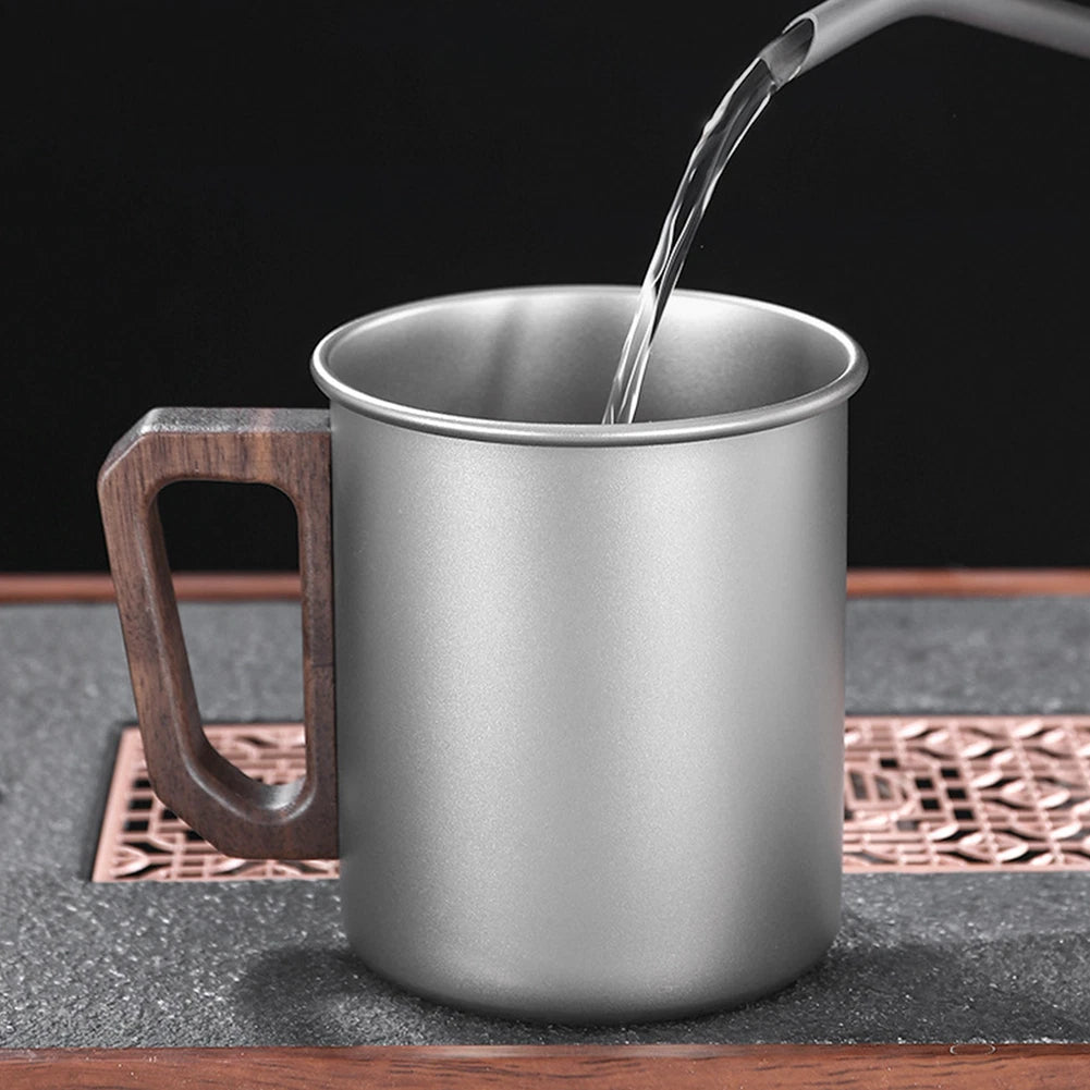Titanium Camping Mug 450ml with Natural Wood Handle for Hiking and Picnics