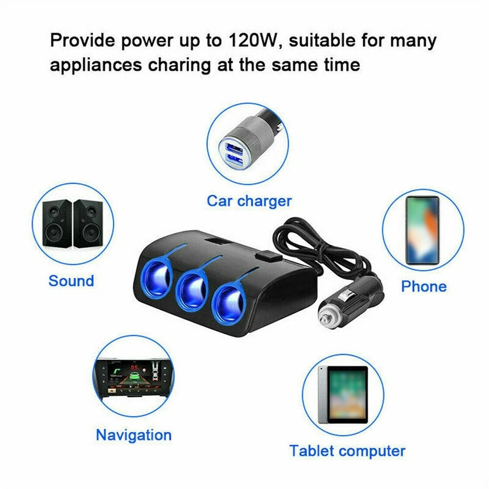 USB Car Charger Socket Splitter with Cable for Universal Use (1 Piece)