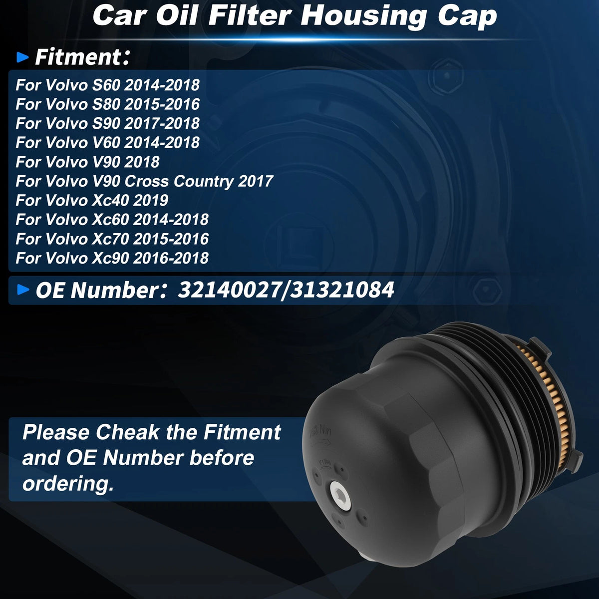 Car Oil Filter Housing Cap for Volvo S60 (2014–2018) 32140027 Plastic Black