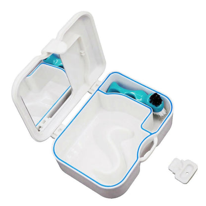 Denture Storage Case with Mirror & Cleaning Brush for False Teeth