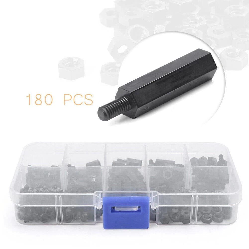 180x Nylon M3 Hex Column Male-Female Standoff Spacers Screw Nut Kit Box Black