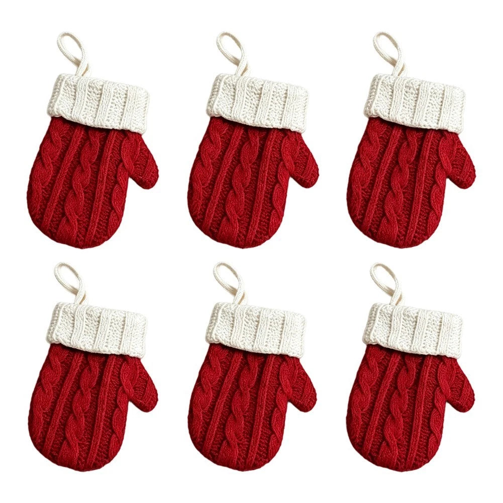 Set of 6 Holiday Themed Knit Mittens for Fork Utensil Covers