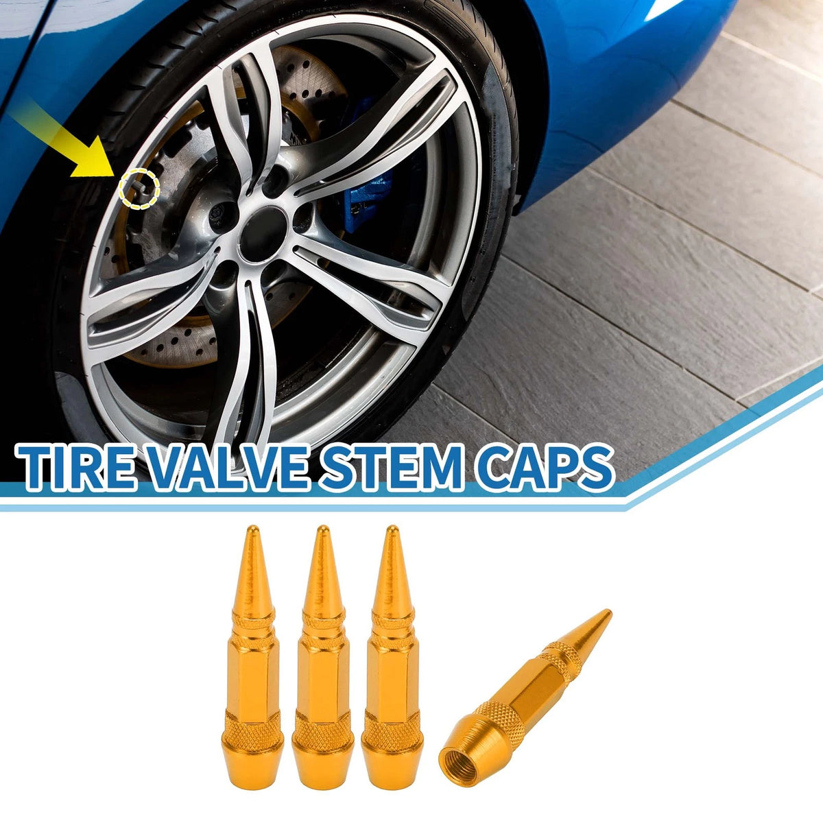 60MM Tire Valve Stem Caps Gold Tone Replacement for Car SUV Bike RV (4pcs)