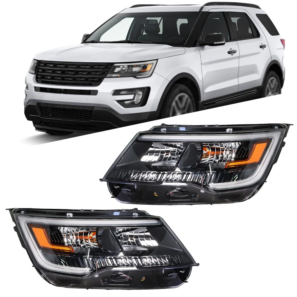 Headlight Pair Black Halogen w/LED DRL for Ford Explorer (2016–2019)