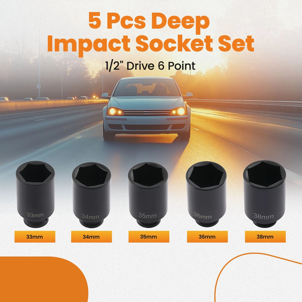 5pc Deep Impact Socket Kit for Wheel Spindle Axle Nut (1/2" Drive)