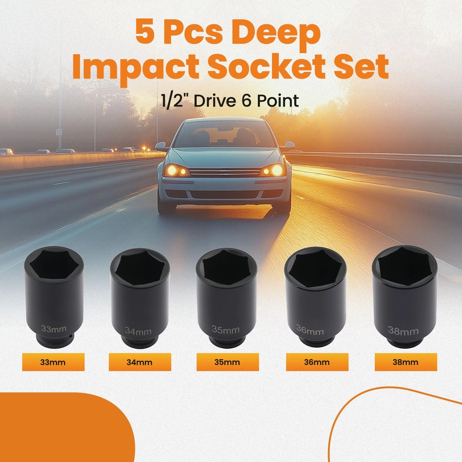 5pc Deep Impact Socket Kit for Wheel Spindle Axle Nut (1/2" Drive)