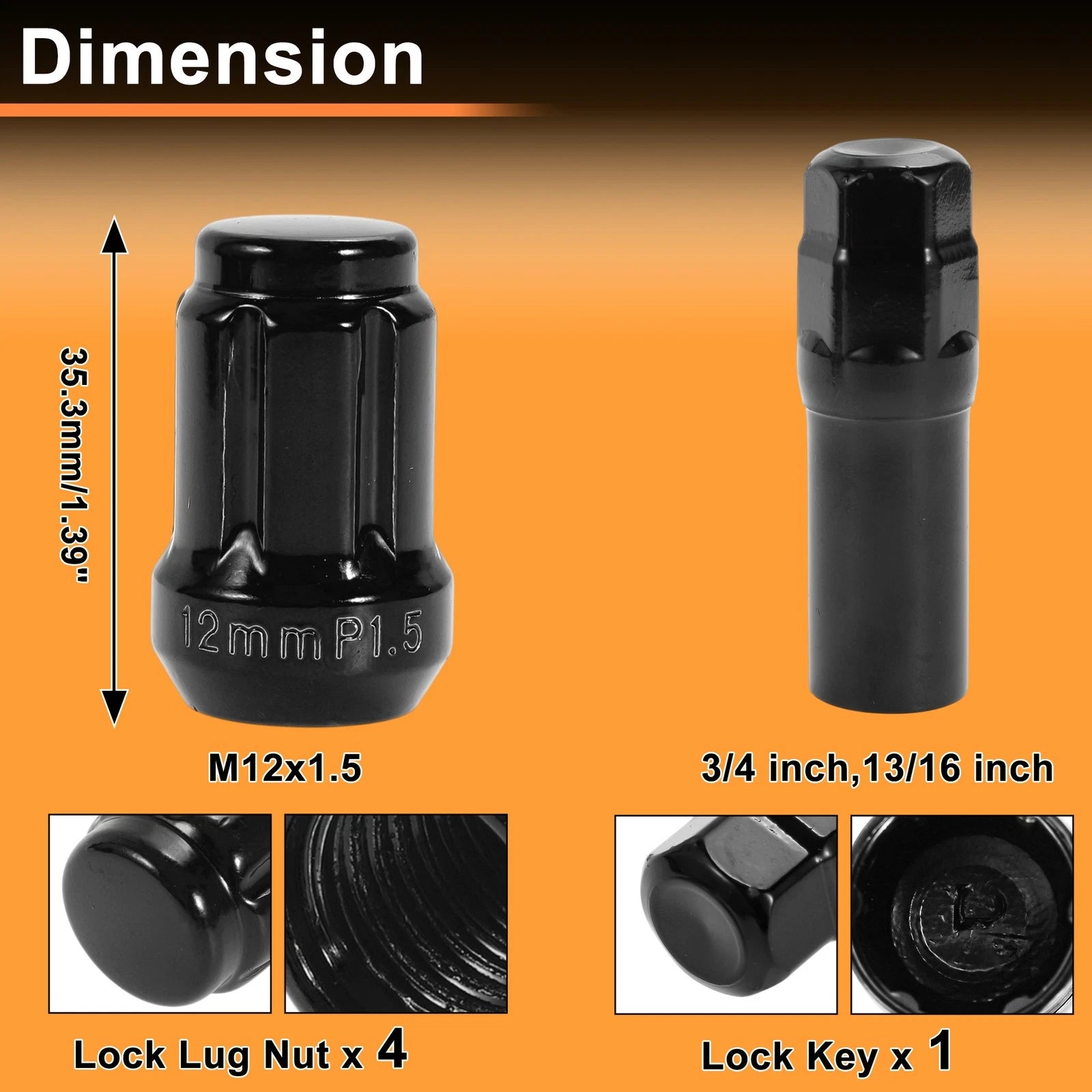 Wheel Locking Nut M12x1.5 with Key and Socket for Honda Toyota (Black)