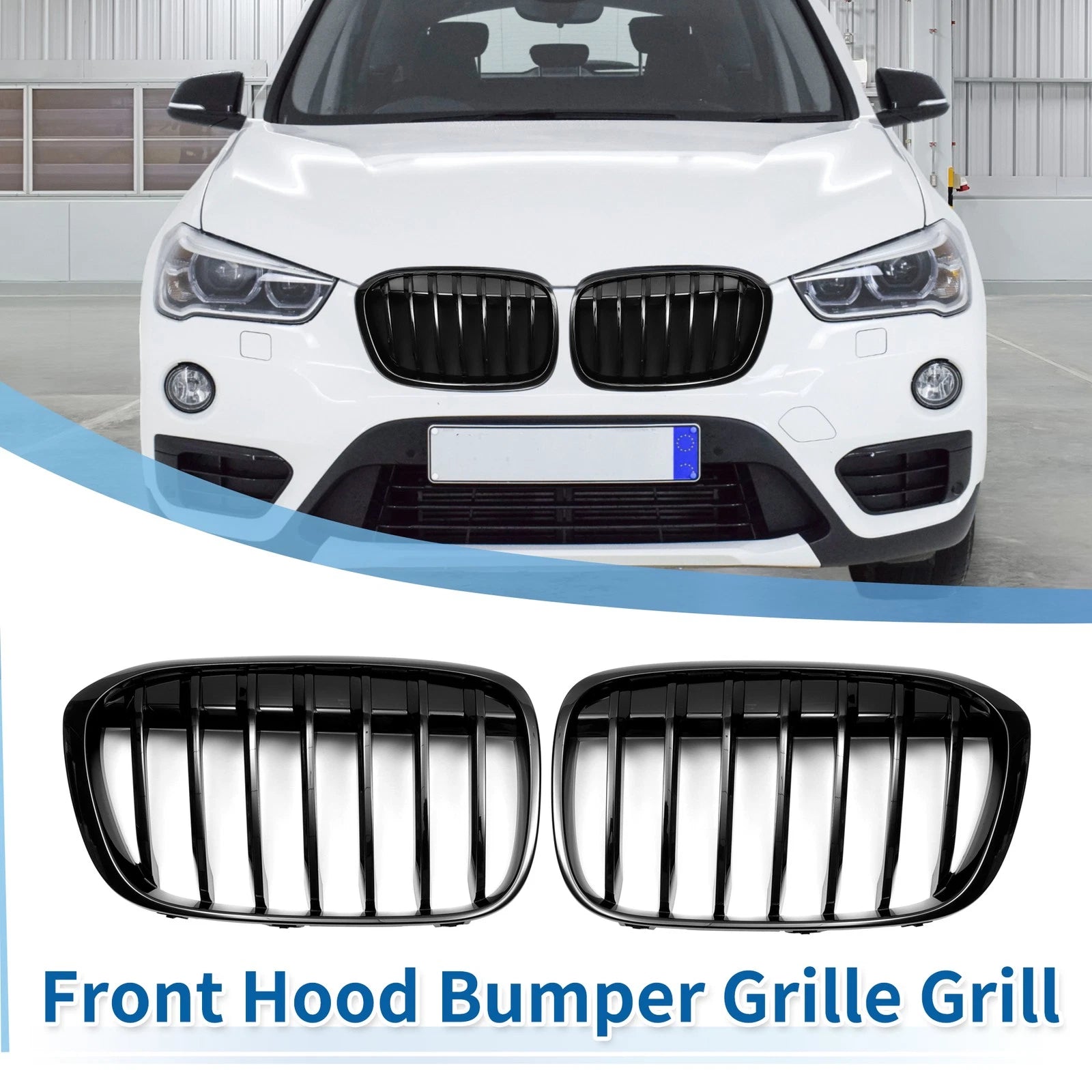 Pair Front Upper Bumper Grille Grill Gloss Black for BMW X1 F48 (2016–2022)