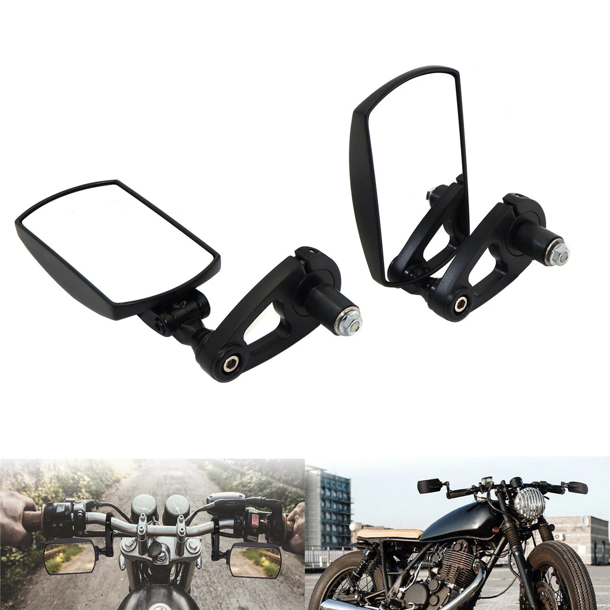 2X Black 7/8" 22mm Rectangle CNC Motorcycle Rear View Mirrors for