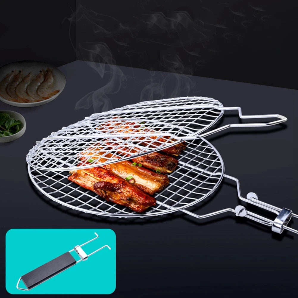 Stainless Steel Barbecue Grill Basket with Wooden Handle for Easy Flipping