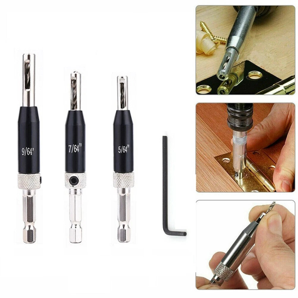 3pcs HSS Hex Groove Hinge Drill Bit Set for Quick Drilling