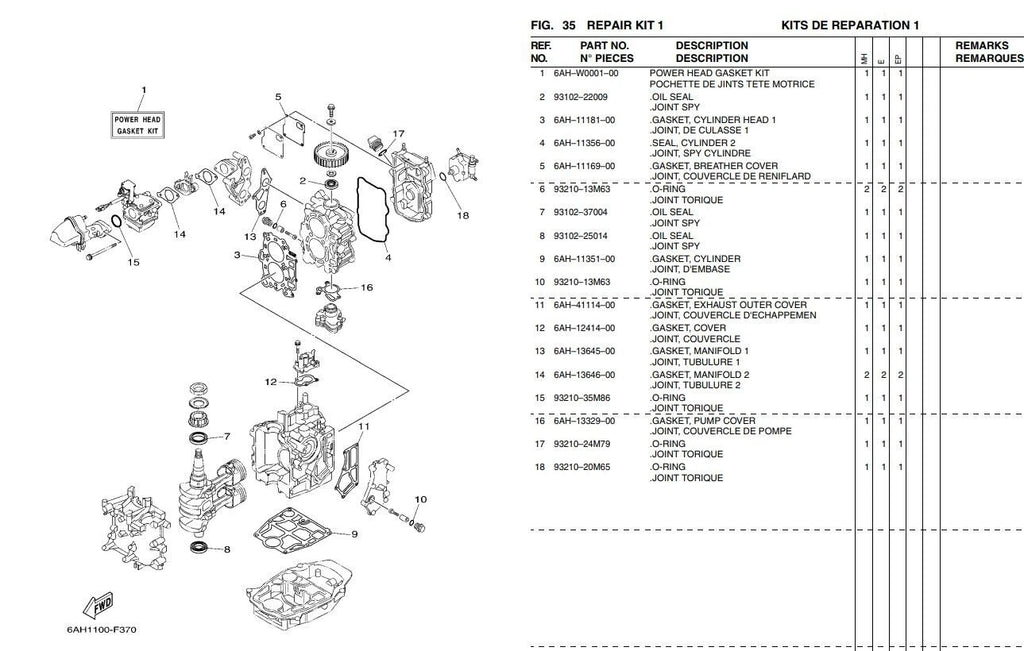 Power Head Gasket Kit for Yamaha F20 F25 (15-25HP, 4T) 6AH-W0001-00