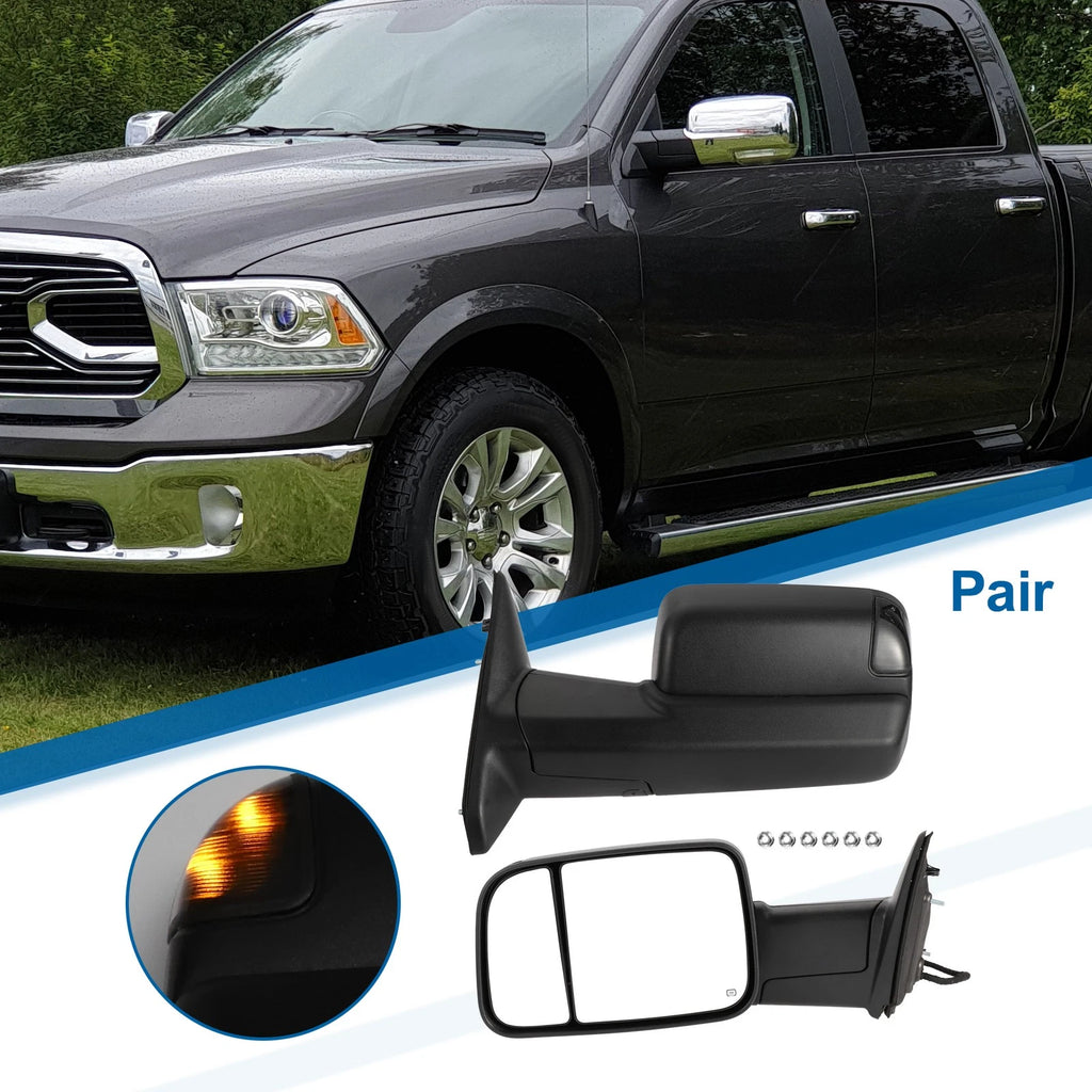 Tow Mirrors Left Right for Dodge Ram 1500 2009-2018 Turn Signal Black 1Pair