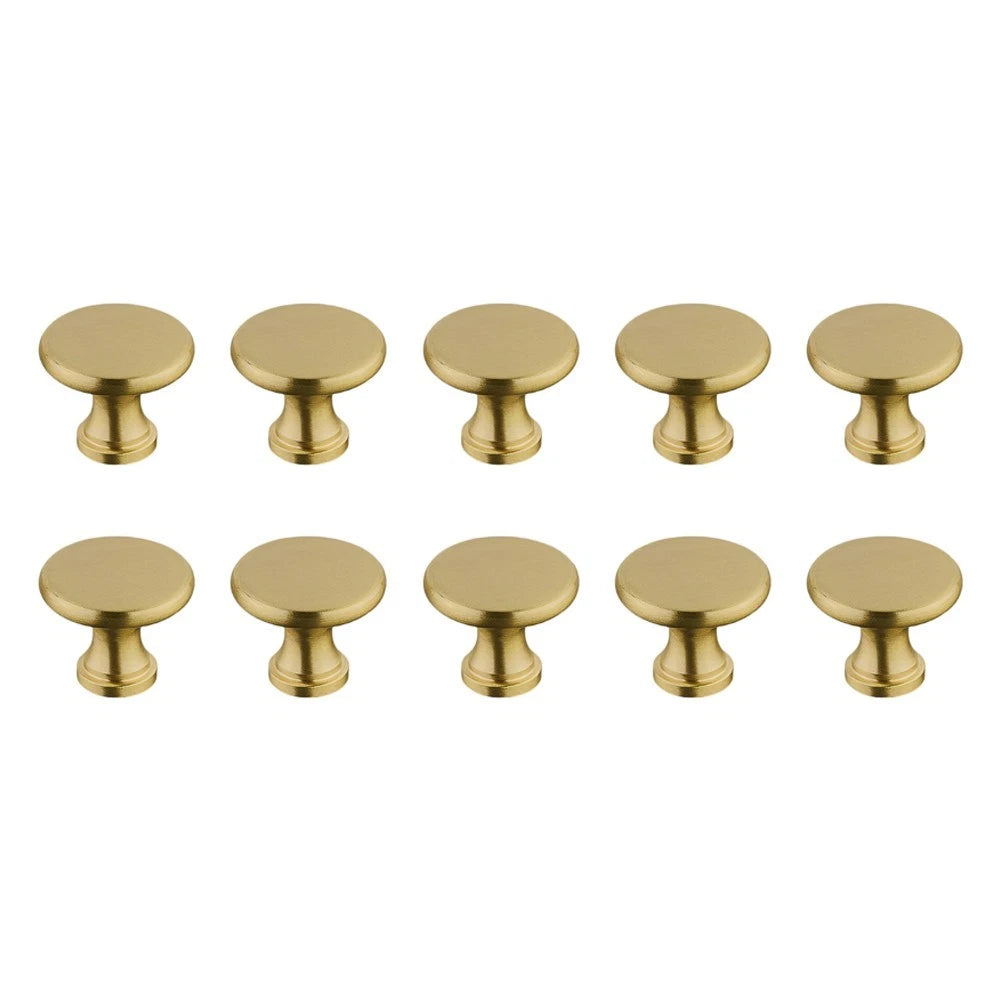 10 Pack Solid Brass Cabinet Knobs Brushed Satin Gold 1.18 Inch Diameter