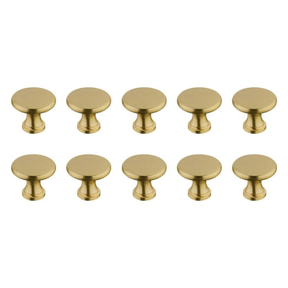 10 Pack Solid Brass Cabinet Knobs Brushed Satin Gold 1.18 Inch Diameter