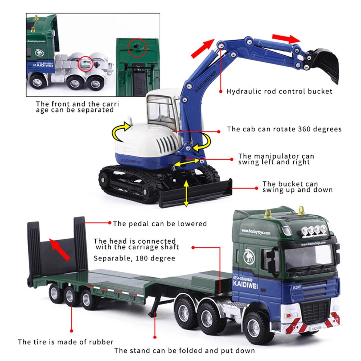 1:50 Flatbed Trailer for Excavator Digger Loader Forklift Car Toys