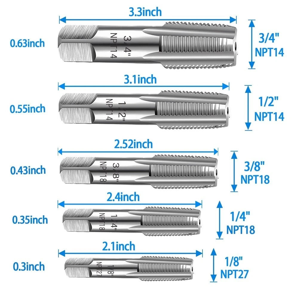 5 Piece NPT Thread Tap Set 1/8 1/4 3/8 1/2 3/4 Inch for Repairs