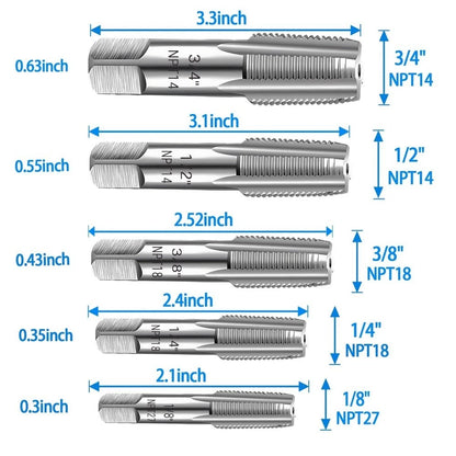 5 Piece NPT Thread Tap Set 1/8 1/4 3/8 1/2 3/4 Inch for Repairs