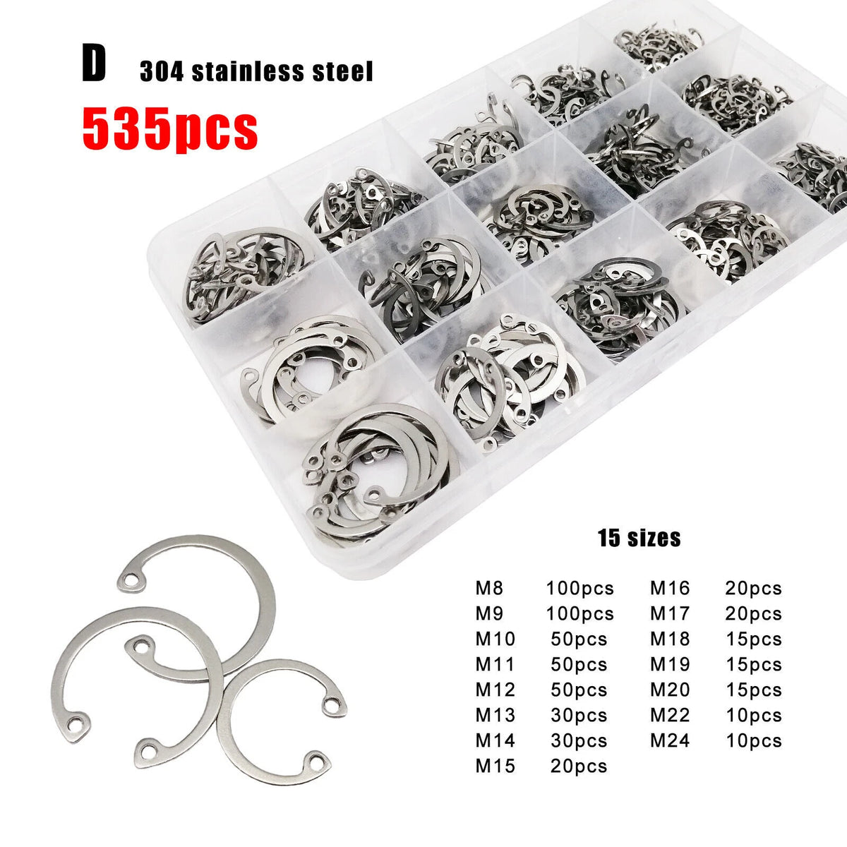 Set of 250 M8-M24 Shaft Retaining Clip Snap Ring C Type Internal Circlip