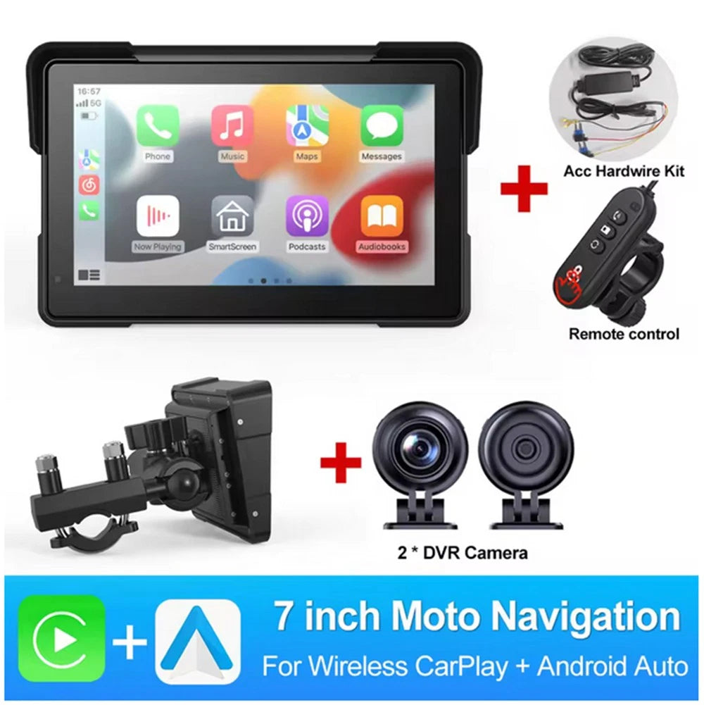 7" Portable Motorcycle GPS Navigation Wireless CarPlay Android Auto with Camera