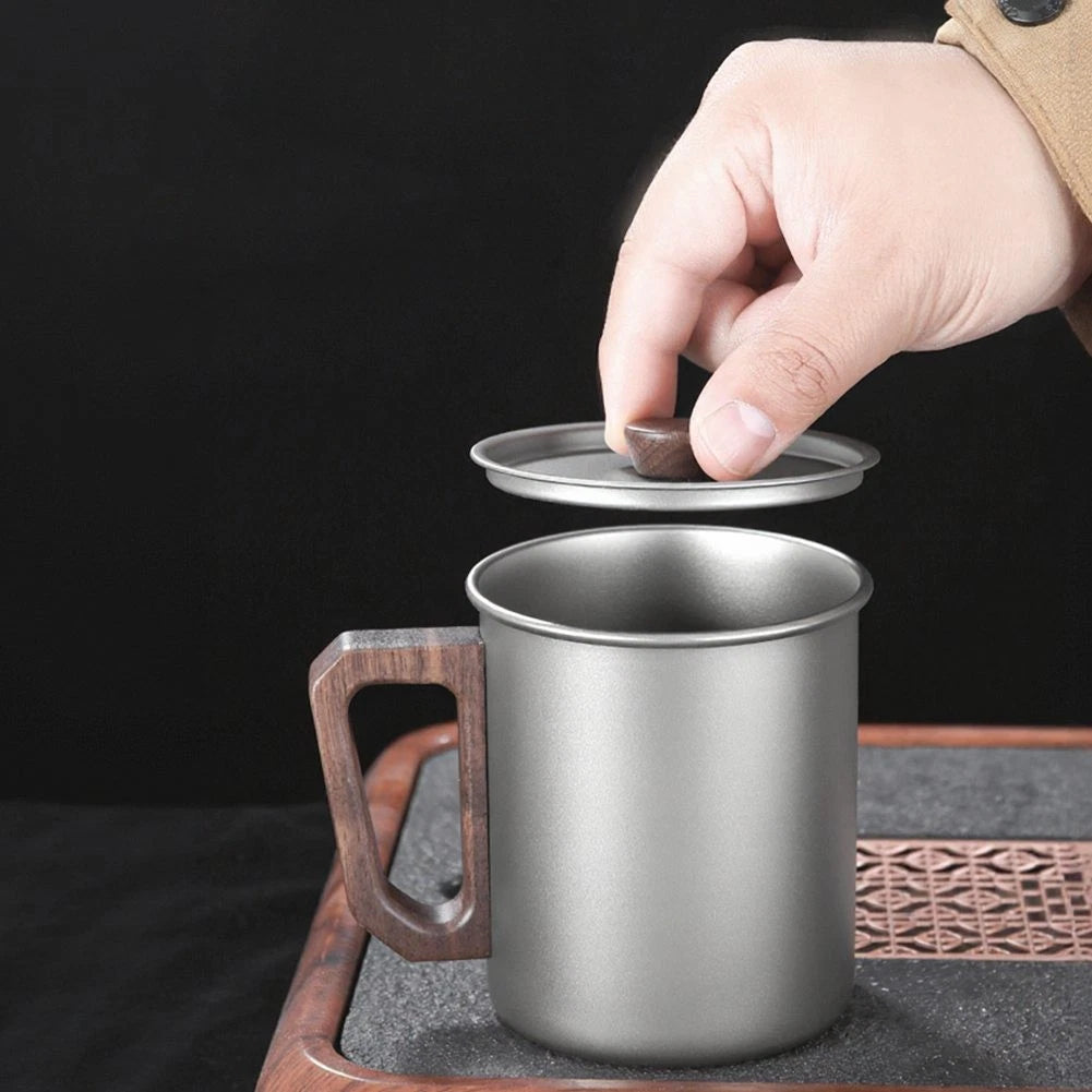 Titanium Camping Mug 450ml with Natural Wood Handle for Hiking and Picnics