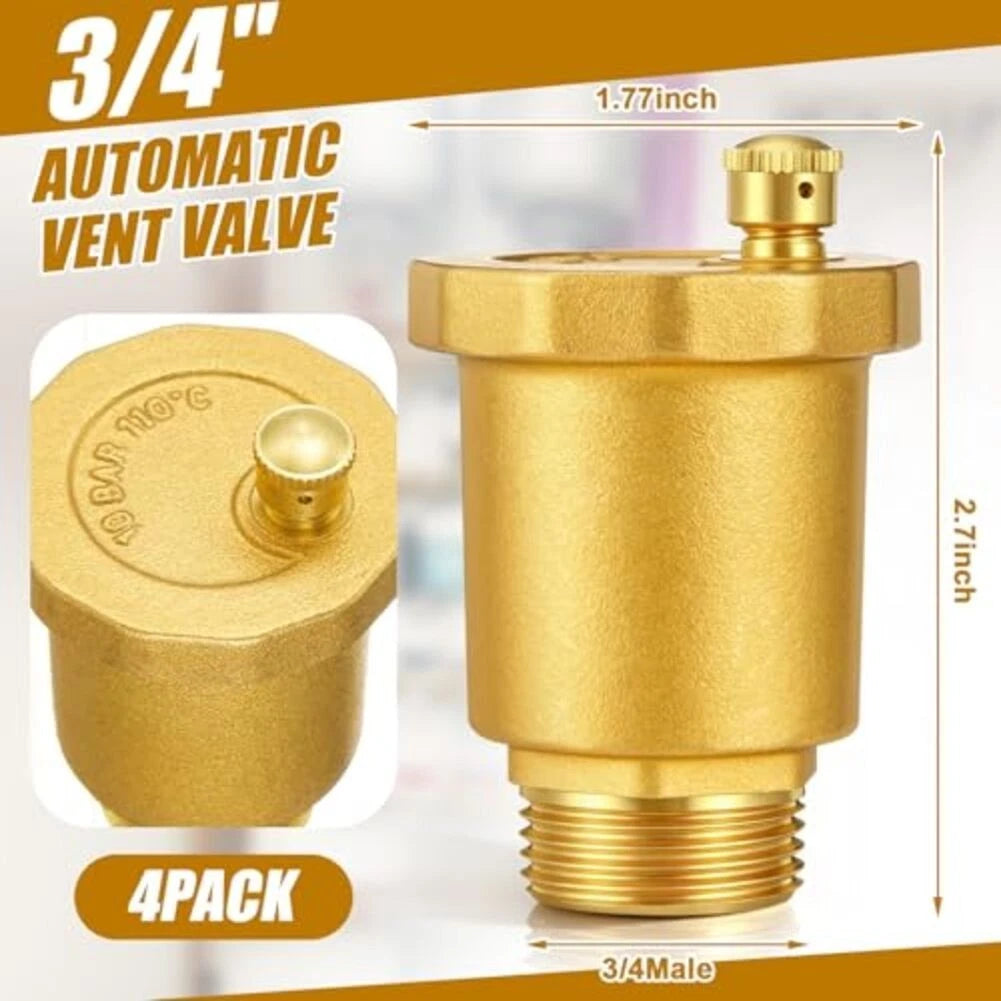 4 Pack Brass Automatic Vent Valve 1/2 or 3/4 for Pipe Fitting Connector
