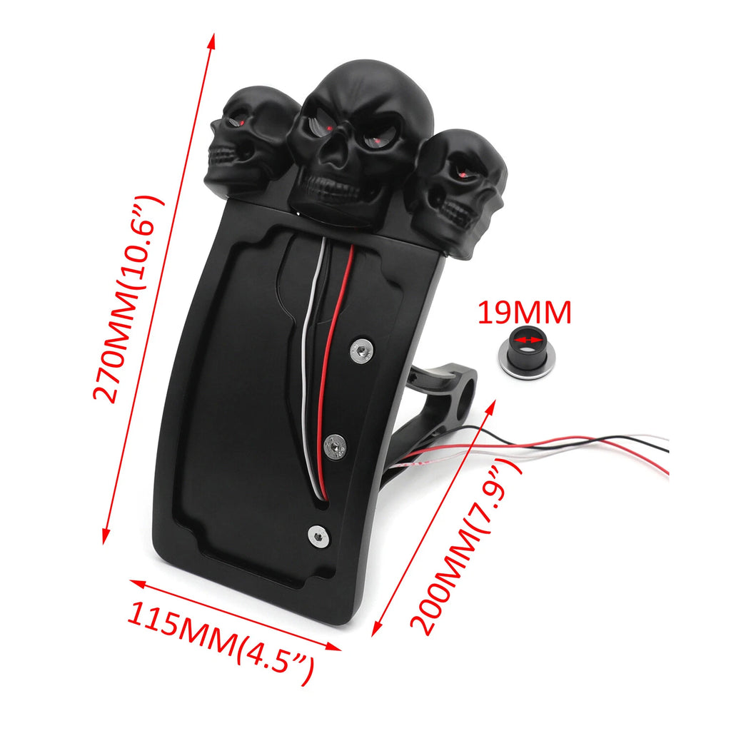 Black Curve Side Mount License Plate Bracket w/ Skull LED Tail Light (7/8" 1")