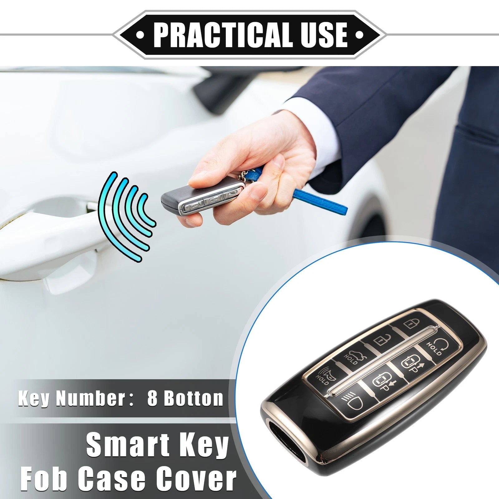 8 Button Key Fob Cover TPU Replacement for Hyundai Black (2007–2022)