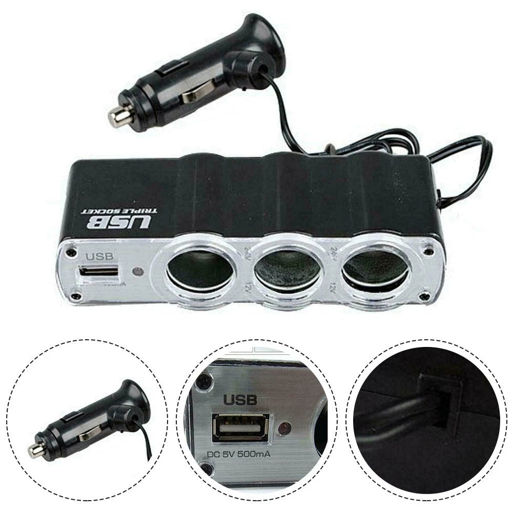 12V Car Triple Socket Splitter USB Charger Adapter for Convenience