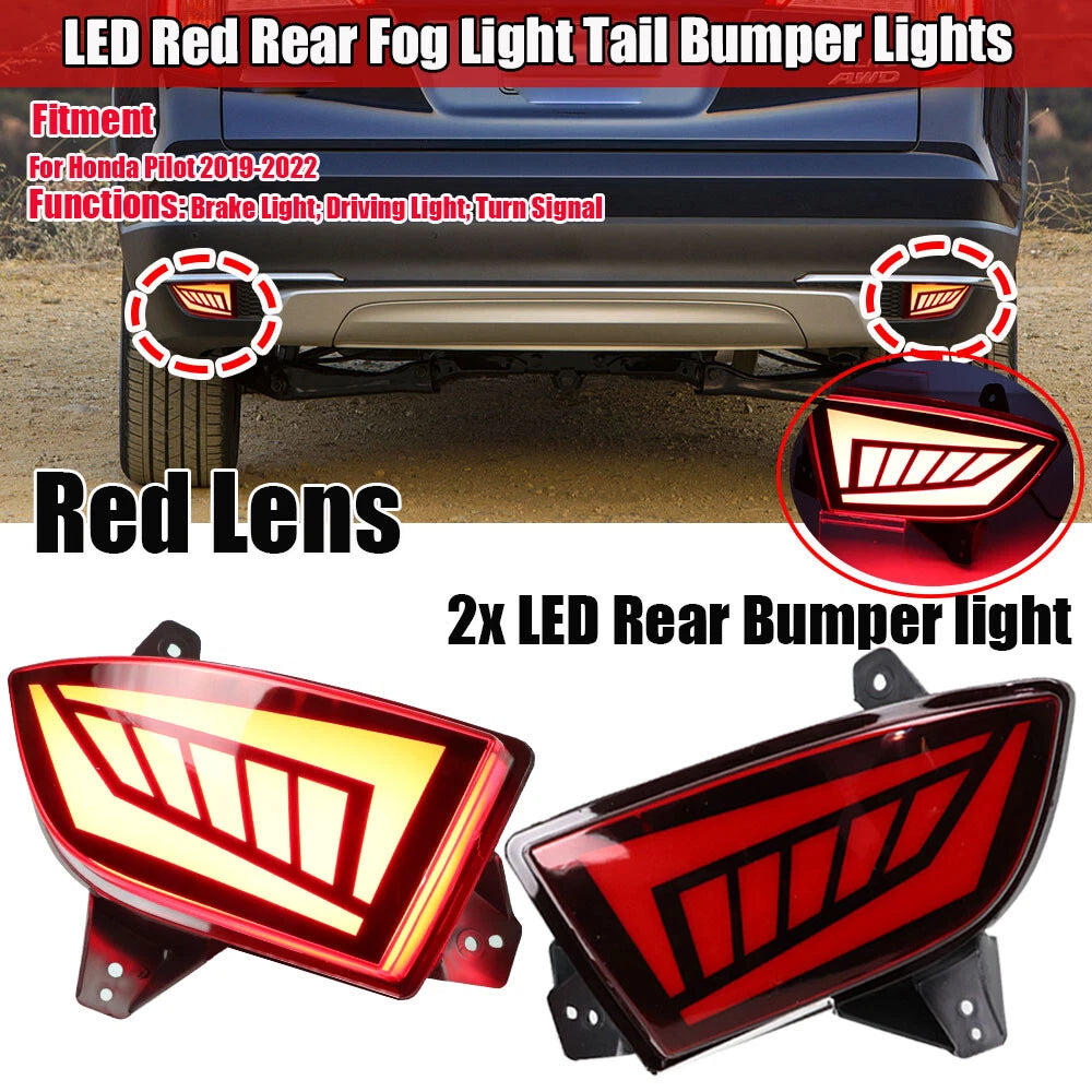 2X 3 in 1 LED Red Rear Bumper Fog Light Tail Light for Honda Pilot (2019–2022)