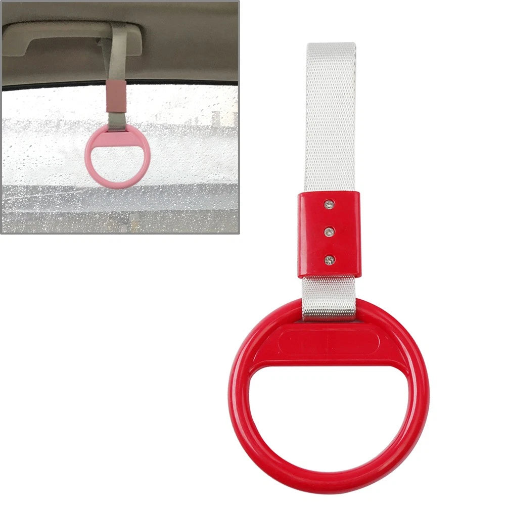 Round Ring Handle Strap for Train Bus (PVC Plastic, Silver/Red)
