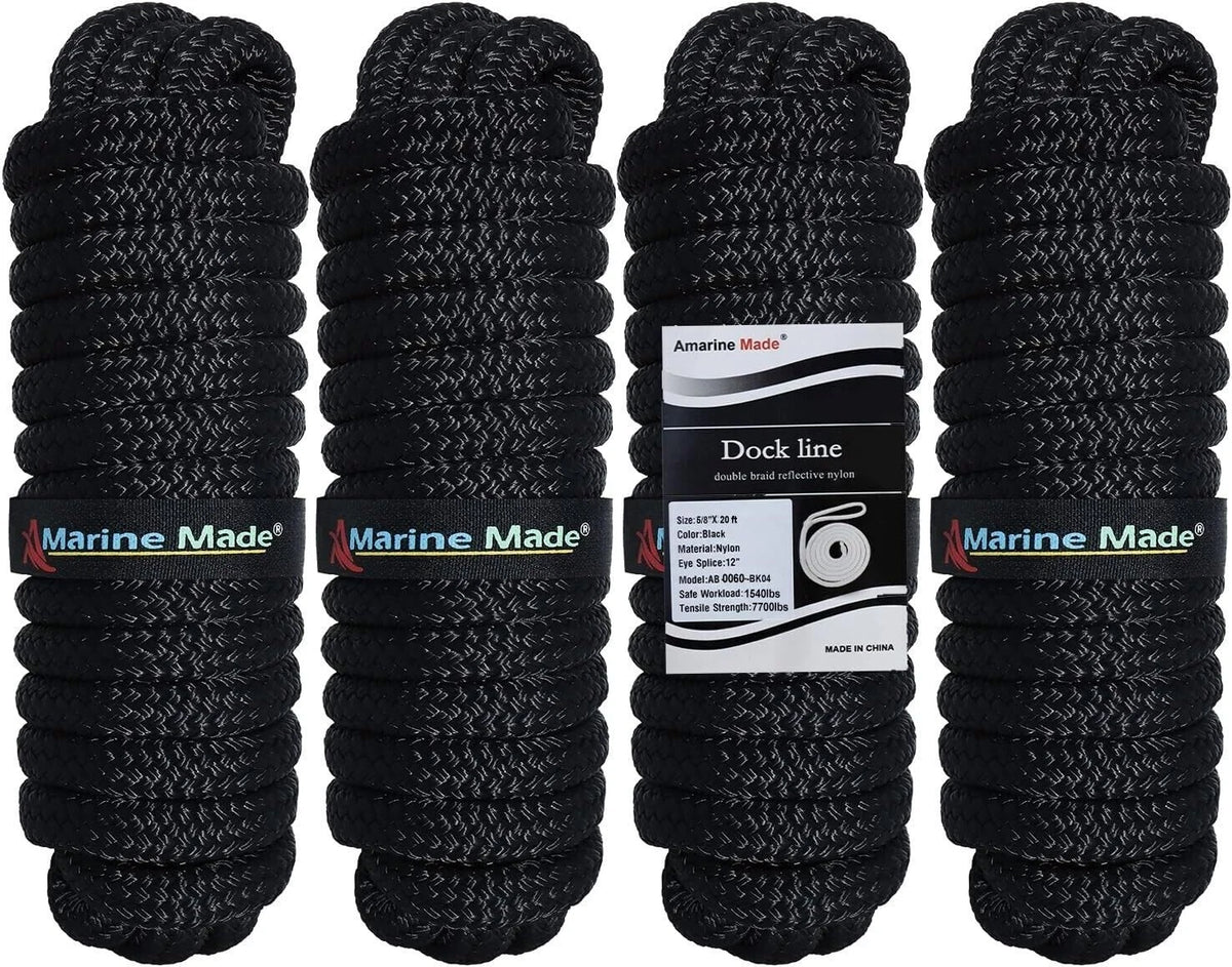 Set of 4 Double Braided Nylon Boat Dock Lines for Marine Use (20FT)