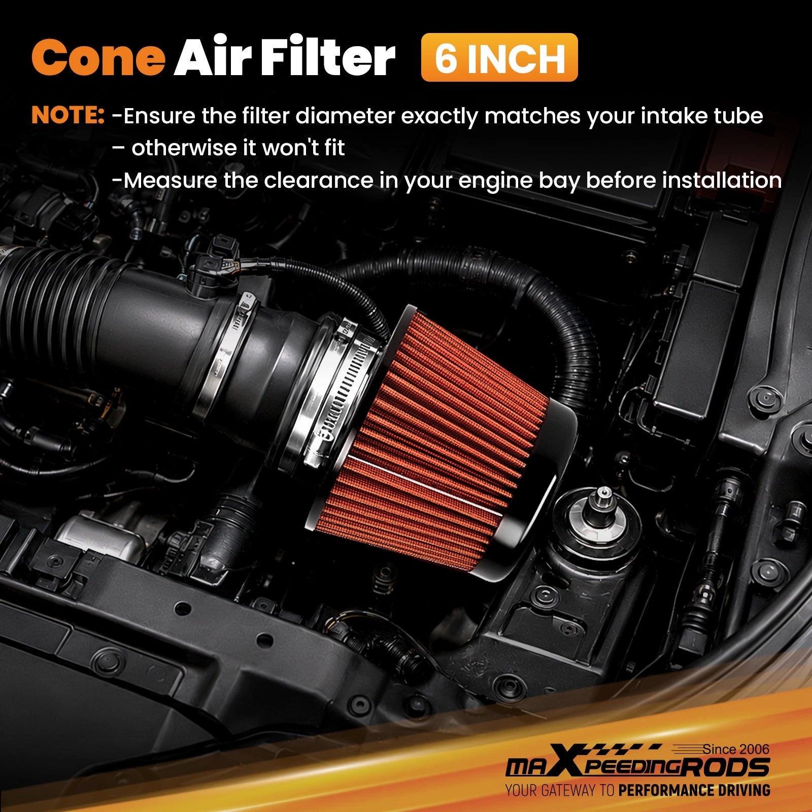 6 Inch Universal Cone Filter High Flow Intake 158mm Clamp-On Washable