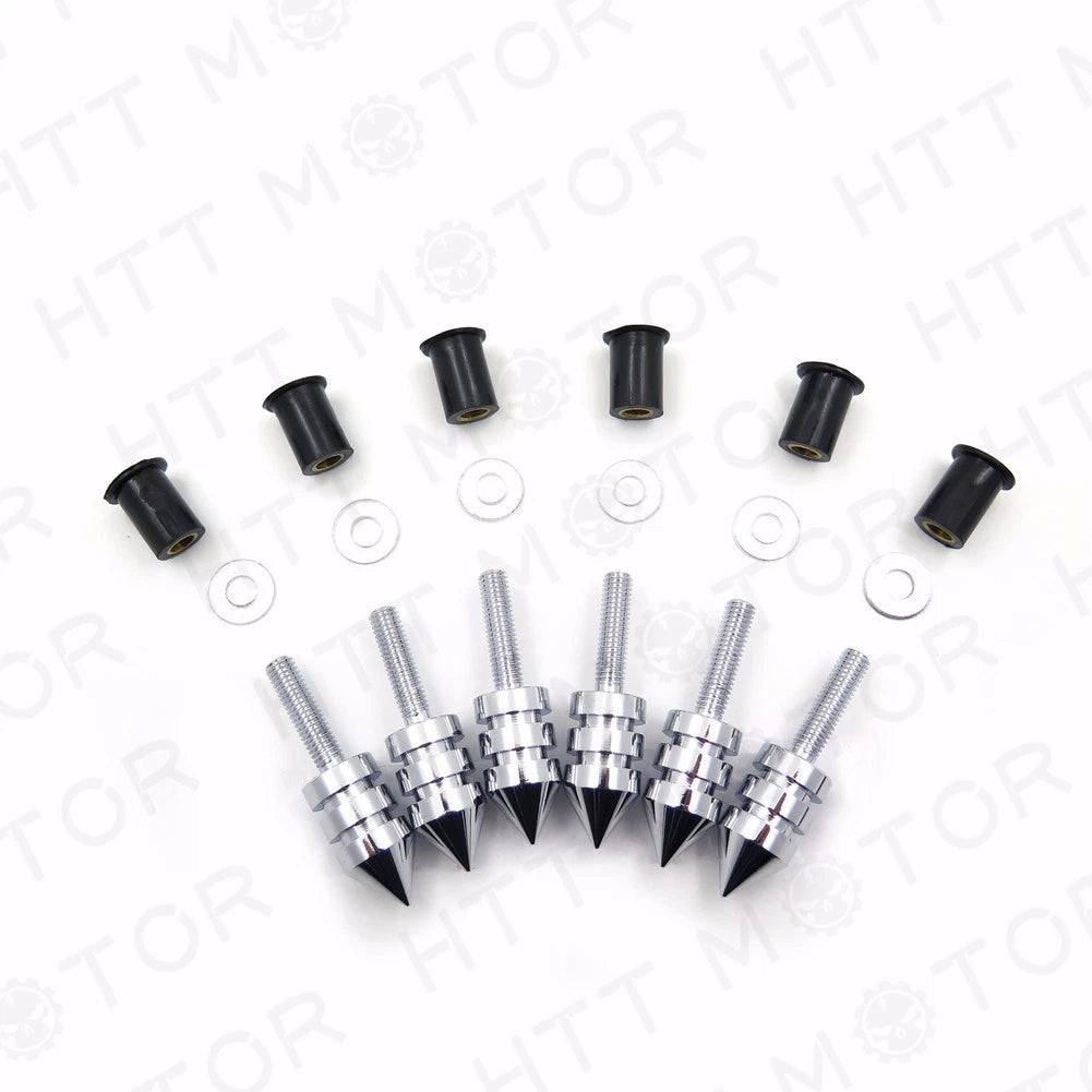 Set of 6 Chrome Spike Windscreen Bolts Screws for Suzuki GSXR 1000 (2003–2004)