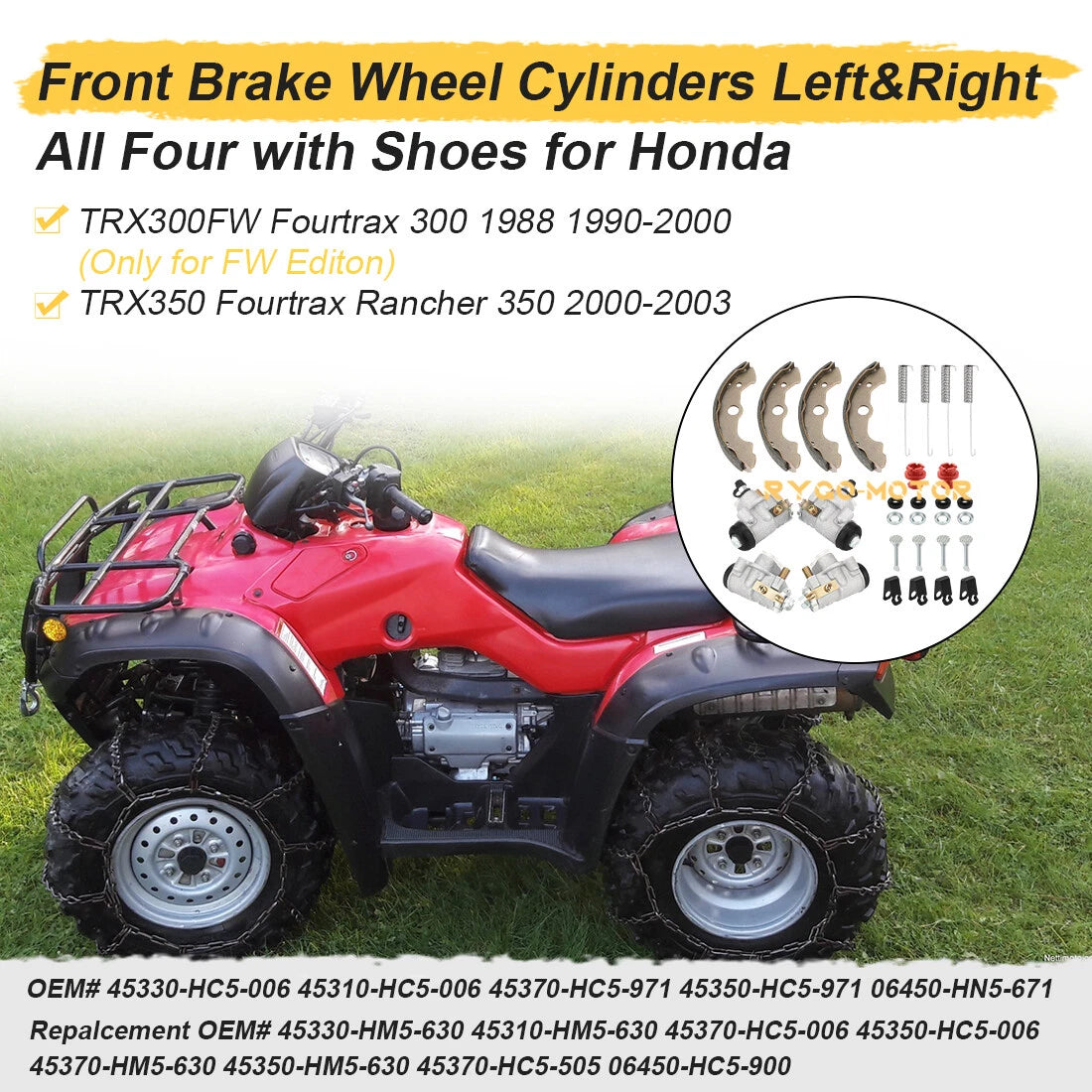 Front Brake Wheel Cylinder Shoes Kit for Honda FourTrax 300 TRX300FW (1988–2000)