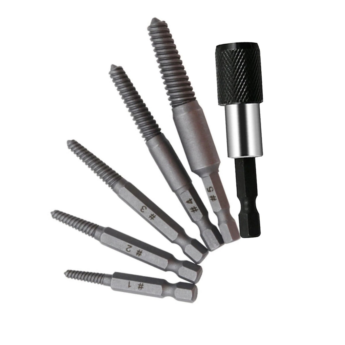Stud Screw Extractor Remover Set for Hex Shank Design 5-7mm (#1), 6-8mm (#2)