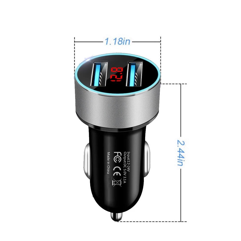 Dual USB Car Charger with LED Voltage Display for Universal Vehicles (2010–2023)