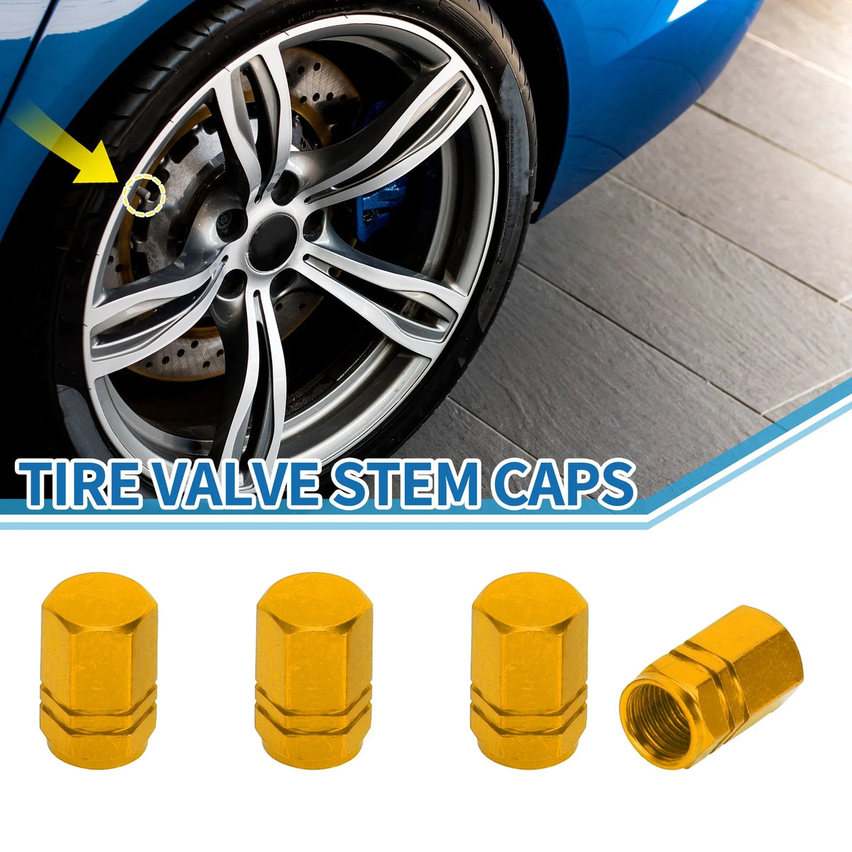 Tire Valve Stem Caps 10x16MM Replacement Gold Tone for Car SUV Bike (4pcs)