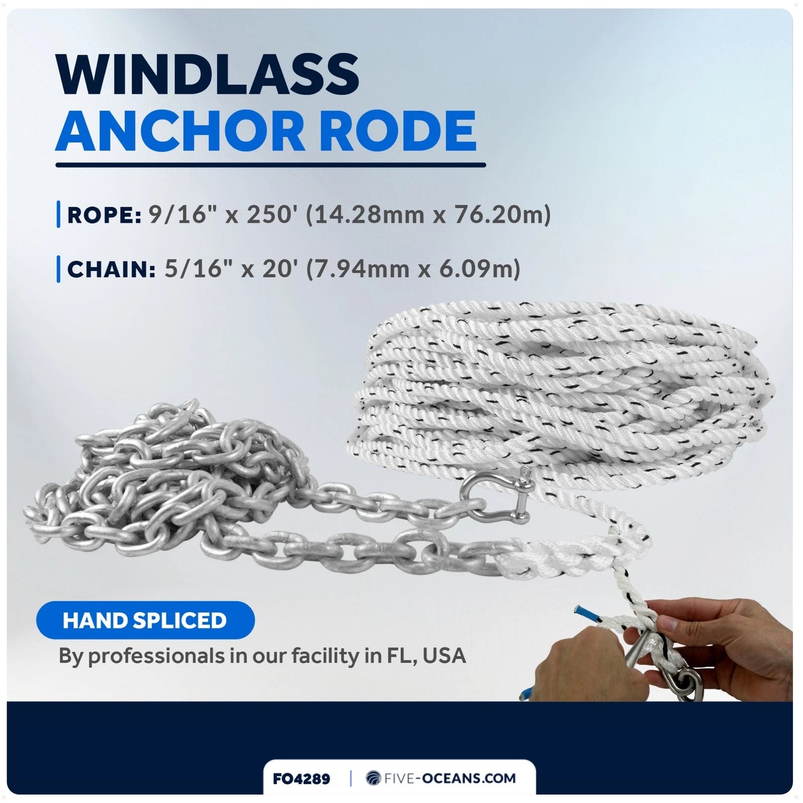 Windlass Anchor Rode 9/16"x150' with 5/16"x20' G4 Galvanized Chain
