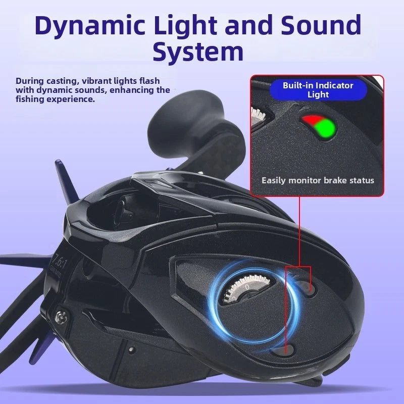 DC Technology Baitcasting Reel with Audible Drag Click and LED RPM Monitoring