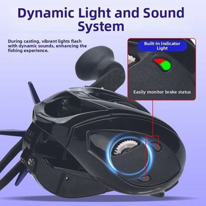 DC Technology Baitcasting Reel with Audible Drag Click and LED RPM Monitoring