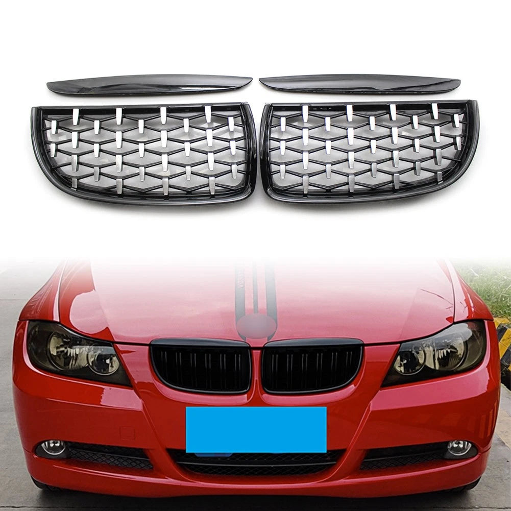 Pair Front Black Frame & Chrome Grille for BMW E90 (2005–2008)