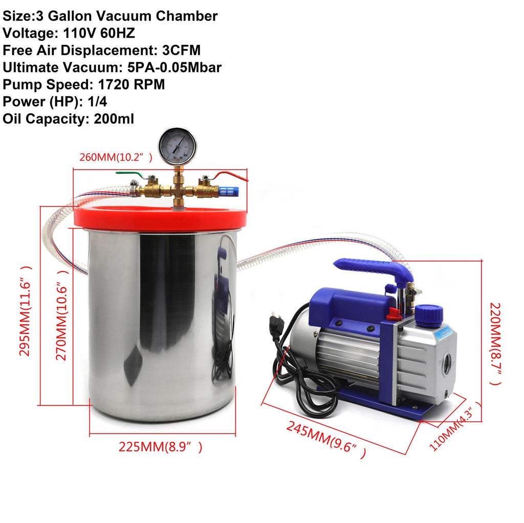 3 Gallon Vacuum Chamber Kit with 3CFM Single Stage Pump