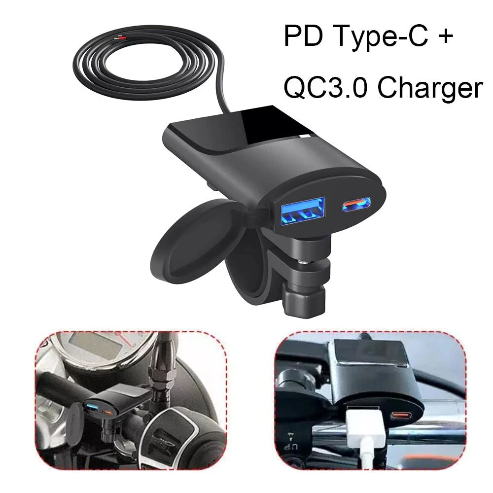 Waterproof QC3.0+PD Motorcycle Dual USB Phone GPS Fast Charger Adapter Handlebar