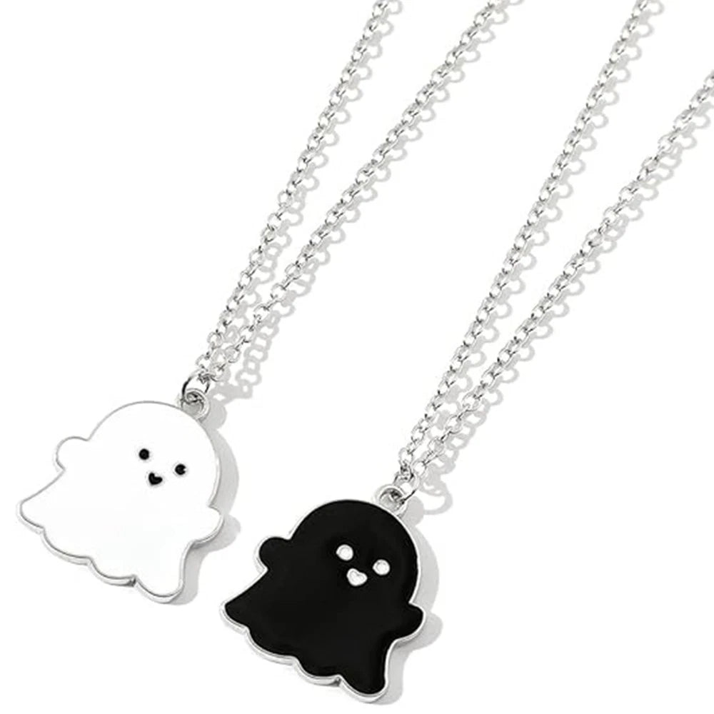 2pcs Couple Cute Black and White Ghost Pendant Necklaces for Women Men