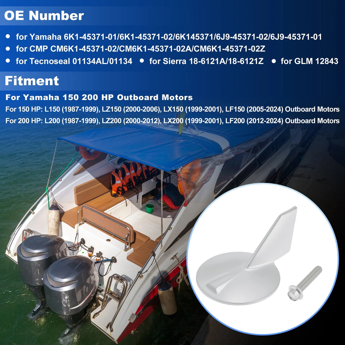 Trim Tab Anode for Yamaha 150 200 HP Outboard Motors (6K1-45371-01)