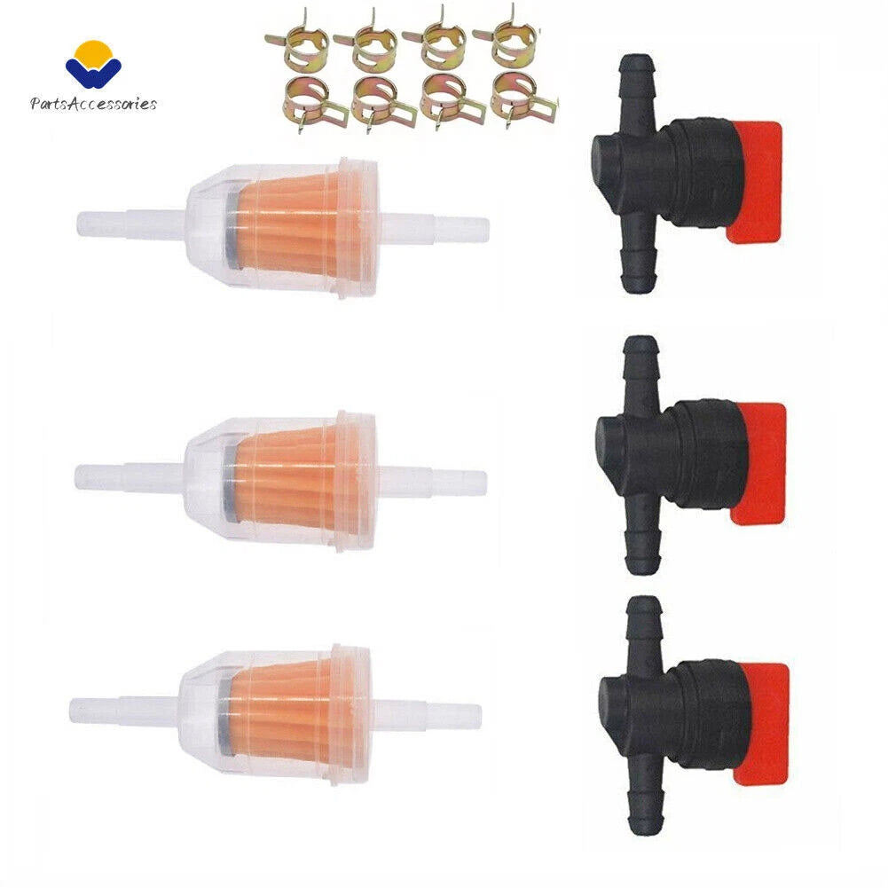 Set of 3 Inline Fuel Gas Filter Shut Off Valve Clamps 1/4"
