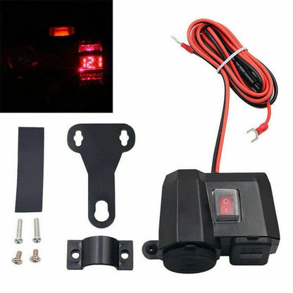 Dual USB Charger Socket with LED Voltmeter for Motorcycle (12V)